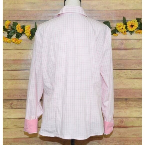 George Ladies XL 16-18 Pink Plaid Button Up Long Sleeve Blouse Top Contrast Cuff - Picture 6 of 10